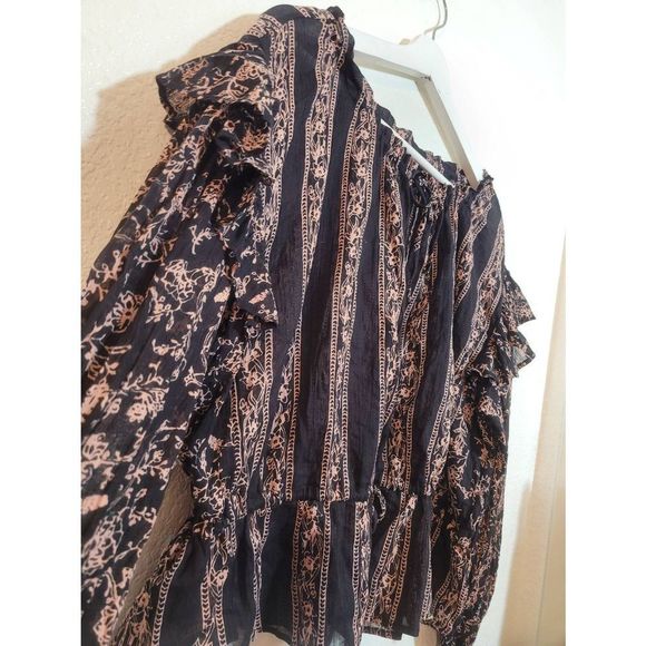 Free People Floral Peplum Blouse Ruffled Sleeves Size XS TP Black Tan - Picture 2 of 5